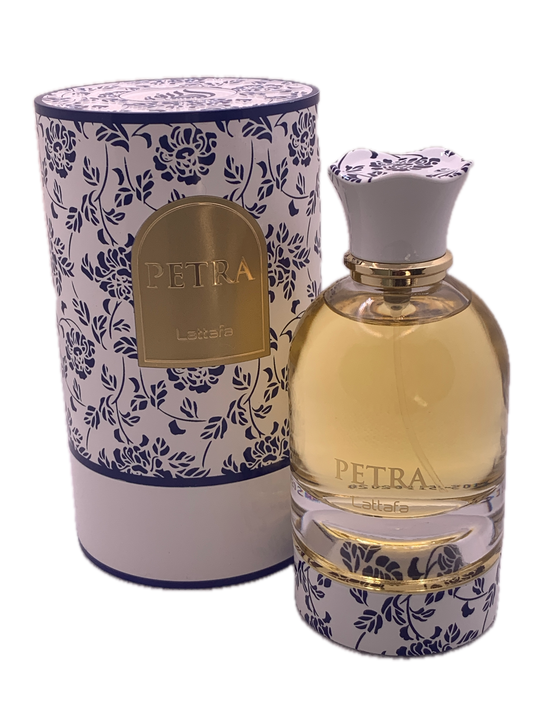 Lattafa Petra bottle beside original presentation box.